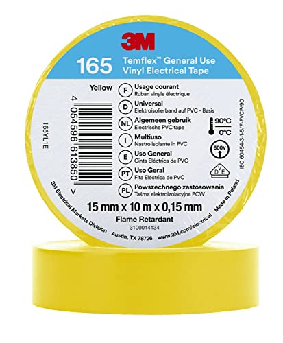 3M Temflex™ Vinyl-Isolierband 165, Gelb, 15 mm x 10 m, 100 Rollen von 3M