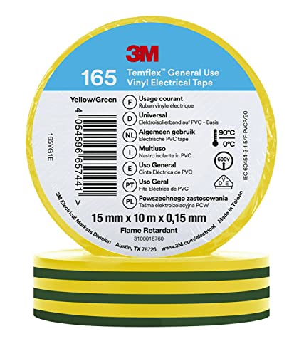 3M Temflex™ Vinyl-Isolierband 165, Grün/Gelb, 15 mm x 10 m, 100 Rollen von 3M Temflex