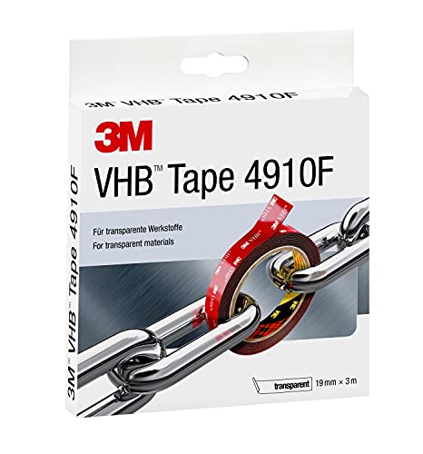 3M VHB 4910F Montage Klebeband doppelseitig - transparent, ermöglicht das Fügen transparenter Materialien mit praktisch unsichtbarer Klebstoffschicht - 19mm x 3m, Transparent, 1.0mm (1-er Pack) von VHB