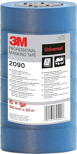 3M Pro 2090 Profi Malerband für glatte Oberflächen, UV-beständig, innen und außen, Vorteilspack mit 6 Rollen, 36 mm x 50 m von 3M Pro