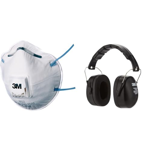 3M Atemschutzmaske Serie 8000 8822 FFP2 NR D & Kapselgehörschutz 90563E, Zusammenklappbarer Ohrenschützer, Bequemer Gehörschutz empfohlen für Geräuschpegel zwischen 94 bis 105 dB, schwarz, 1 Stück von 3M