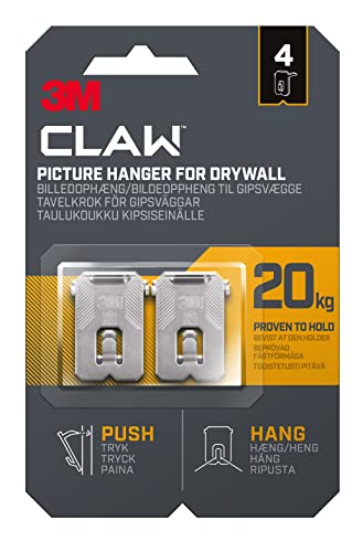 3M Claw Wandhaken zum Aufhängen von Gipskartonplatten zum Aufhängen von Wohnkultur, 4 Aufhänger, belastbar bis 20 kg, ideal für schwere Gegenstände von 3M CLAW