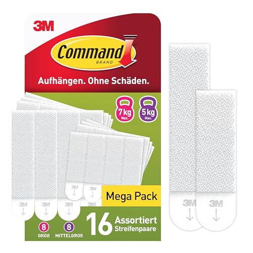 Command Bilder-Montagestreifen, Bildaufhänger, Vorteilspack mit 8x2 Größe L und 8x2 Mittel, Weiß - Befestigung ohne Bohren von Command