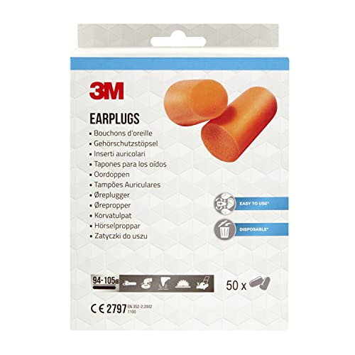 3M Gehörschutzstöpsel 1100, Ohrstöpsel aus Schaumstoff, 50 Paar, Weicher und hypoallergener Schaum, Ohrenstöpsel hygienisch paarweise verpackt, (94 – 105 dB) von 3M