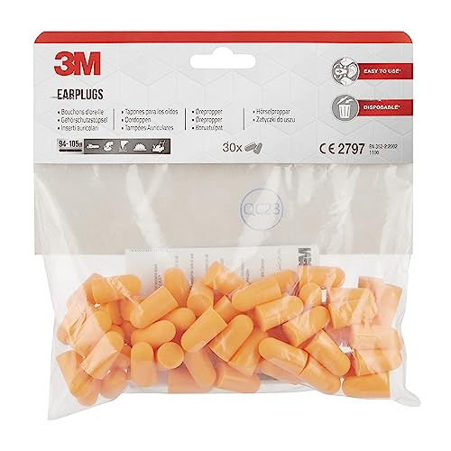 3M Gehörschutzstöpsel 1100 mit weichem Schaumstoff für einen hohen Gehörschutz vor hohen Geräuschpegeln im Bereich von 94-105 dB (SNR: 37 dB), 30 Paar, Orange von 3M