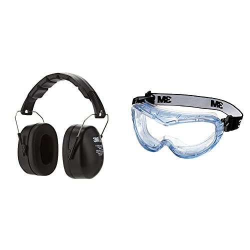 3M Kapselgehörschutz 90563E, Zusammenklappbarer Ohrenschützer, schwarz & Vollsichtschutzbrille Fahrenheit FheitAF – Schutzbrille mit AS, AF & UV Beschichtung von 3M