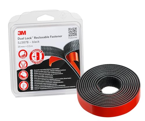 3M Dual Lock SJ387B, wiederlösbares Befestigungssystem - gute Haftung auf Metallen, Pulverlackbeschichtungen und Kunststoffen wie Acrylat und ABS - 25mm x 2.5m, Schwarz, Dicke: 6.1mm (1-er Pack) von 3M Dual Lock