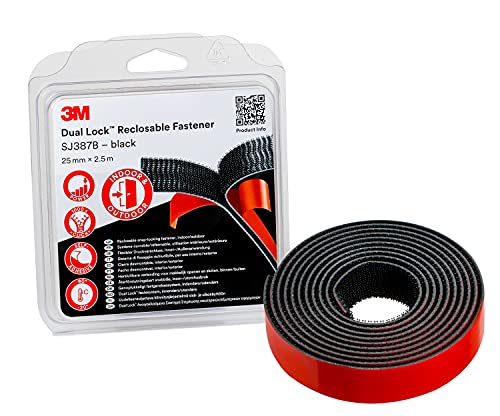 3M Dual Lock SJ387B, wiederlösbares Befestigungssystem - gute Haftung auf Metallen, Pulverlackbeschichtungen und Kunststoffen wie Acrylat und ABS - 25mm x 2.5m, Schwarz, Dicke: 6.1mm (1-er Pack) von 3M