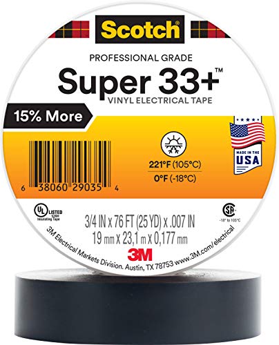 3M Scotch Super 33+ Premium Grade Allwetter-Vinyl Isolierband, 1,9 cm x 23,2 m, lange Rolle, 2,5 cm Kern, Schwarz, 10 Rollen von 3M