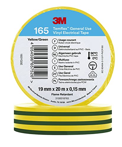 3M Temflex 165 Isolierband, Vinyl Grün, Gelb, 0.152mm x 19mm x 20m von 3M