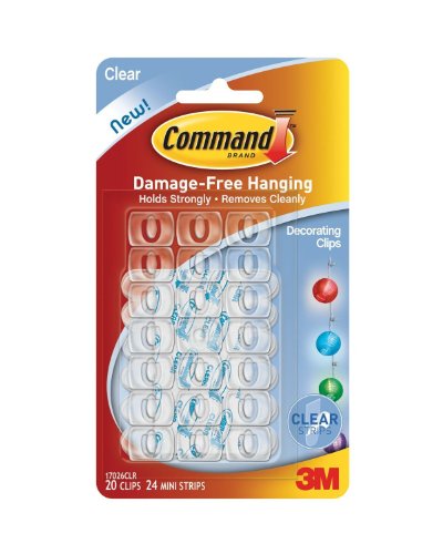 Command 3M Clips zur Befestigung von Lichterketten, 3 Packungen à 20 Clips und 24 Mini-Streifen, insgesamt 60 Clips und 72 Streifen von 3M
