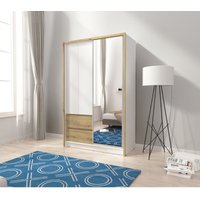 3xe Living - 3xEliving Stilvoller und geräumiger Maksym Kleiderschrank mit Spiegel und Schubladen, weiße/handwerkliche Eiche 130cm - weiß & Artisan von 3XE LIVING