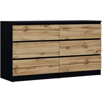 3xe Living - Kommode mit 6 Schubladen, Farbe: schwarz / wotan eiche, a: 140 x 79 x 39 cm, Sideboard Wohnzimmer - schwarz / wotan eiche von 3XE LIVING