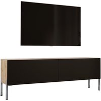 TV-Schrank in Wotan Eiche / Schwarz matt mit Beinen in Chrom, a: b: 140 cm cm, h: 52 cm, t: 32 cm. TV-Möbel, TV-Tisch, TV-Bank - Wotan Eiche / von 3XE LIVING