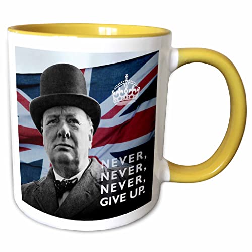 3dRose mug_220216_8 Winston Churchill Never Give Up Quotation Over Union Jack Background Becher, Gelb/Weiß von 3dRose