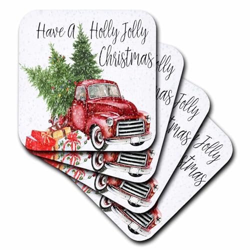 3drose CST 263636 _ 2 haben eine Holly Jolly Truck mit Weihnachtsbäume Soft Untersetzer (Set von 8), rot von 3dRose