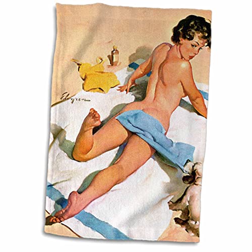 Handtuch mit 3D-Rosenaufdruck von Elvgren Pinup Oops am Strand mit Welpe TWL_204155_1, 38,1 x 55,9 cm von 3dRose