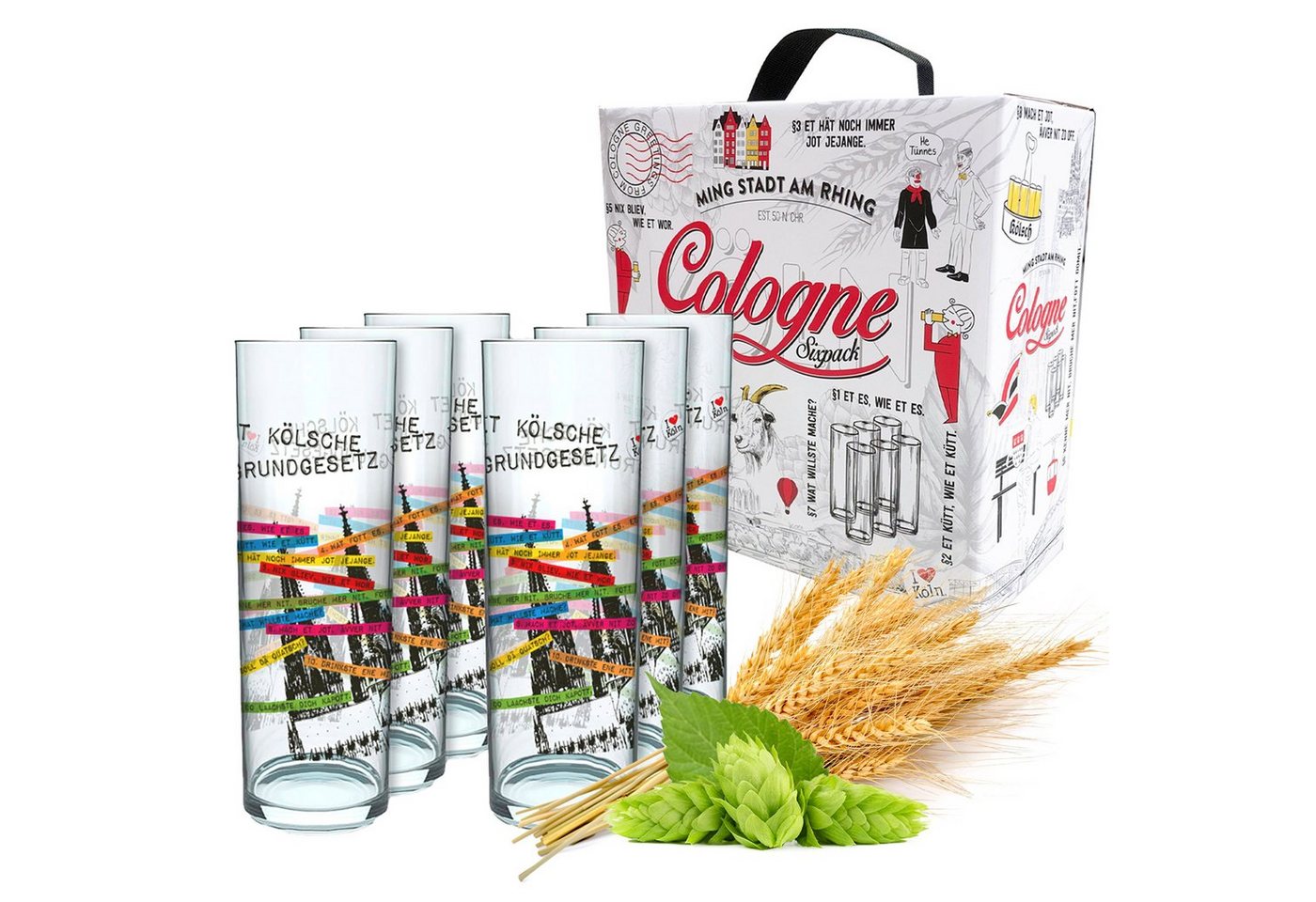 3forCologne Bierglas 3forCologne Kölschglas 6er Pack bunt 0,2ml, Kölner Stangen mit Grundgesetz, Biergläser Gläser Trinkgläser mit Aufdruck. (MADE IN GERMANY) von 3forCologne