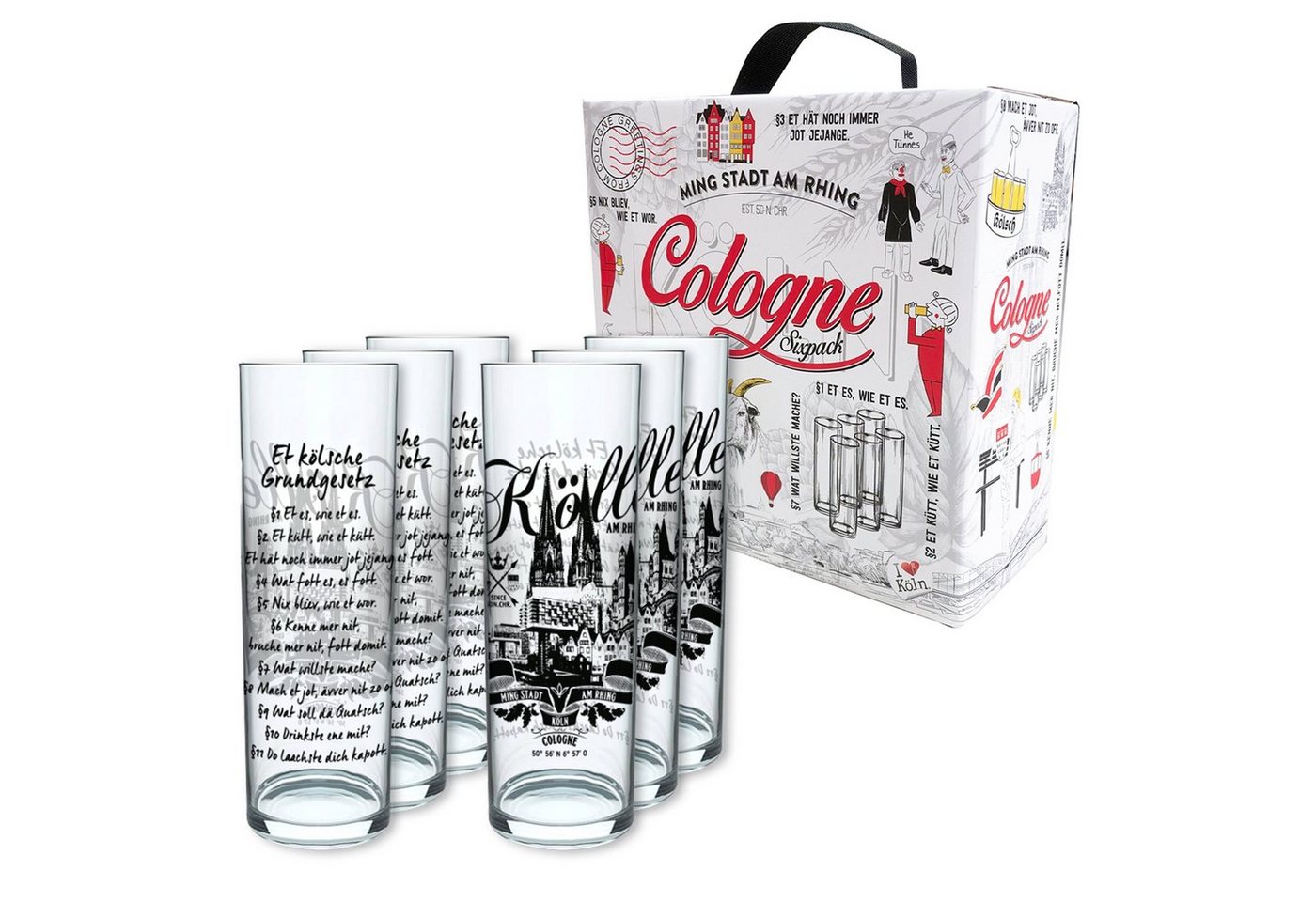 3forCologne Bierglas 3forCologne Kölschglas 6er Pack je 0,2ml Kölsche Grundgesetz & Ming Stadt Biergläser, Kölner-Stangen, Trinkgläser von 3forCologne