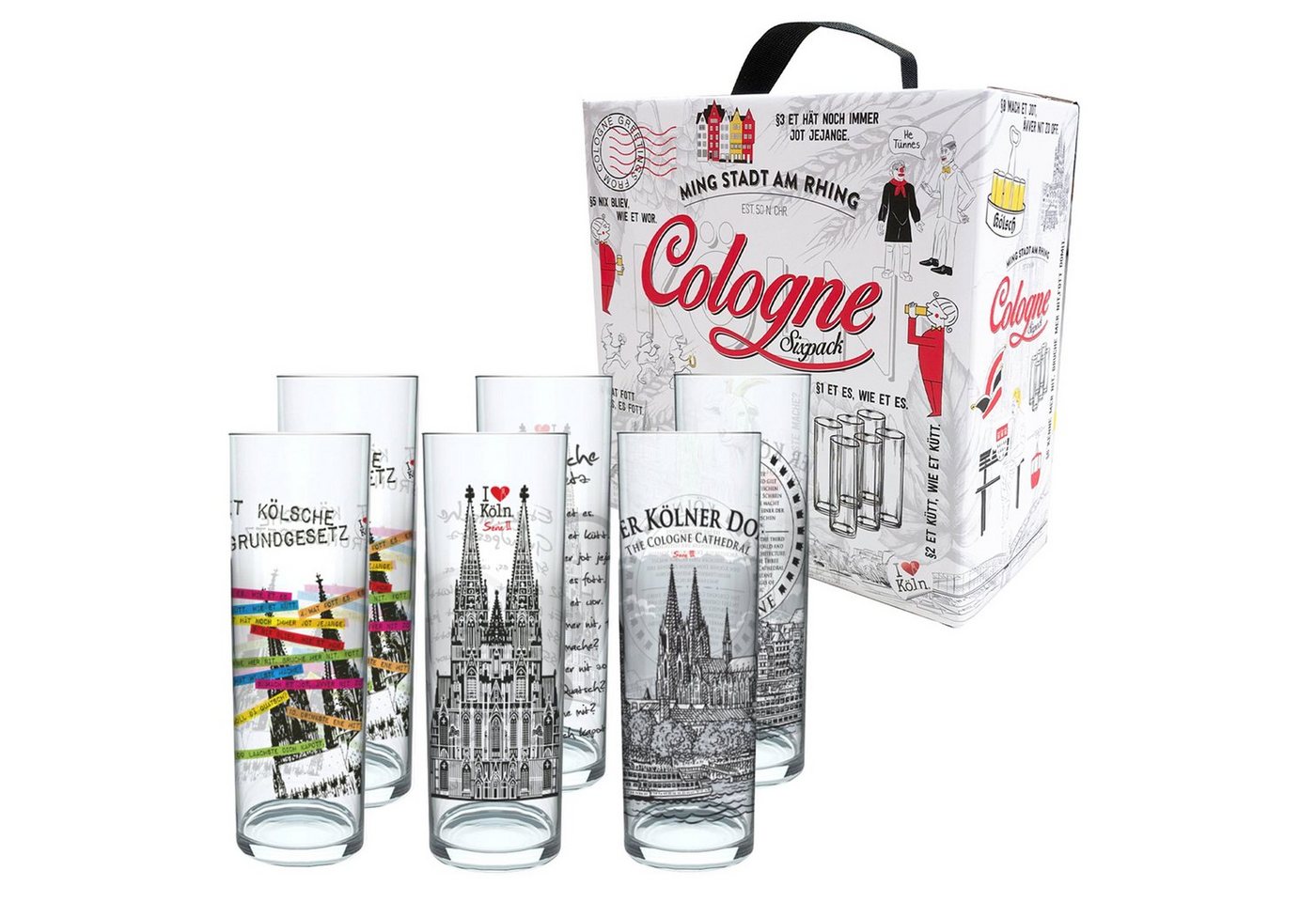 3forCologne Bierglas 3forCologne Kölschglas-Mix 6er Pack je 0,2ml Et Kölsches Grundgesetzt & Kölner Dom Biergläser, Kölner-Stangen, Trinkgläser von 3forCologne