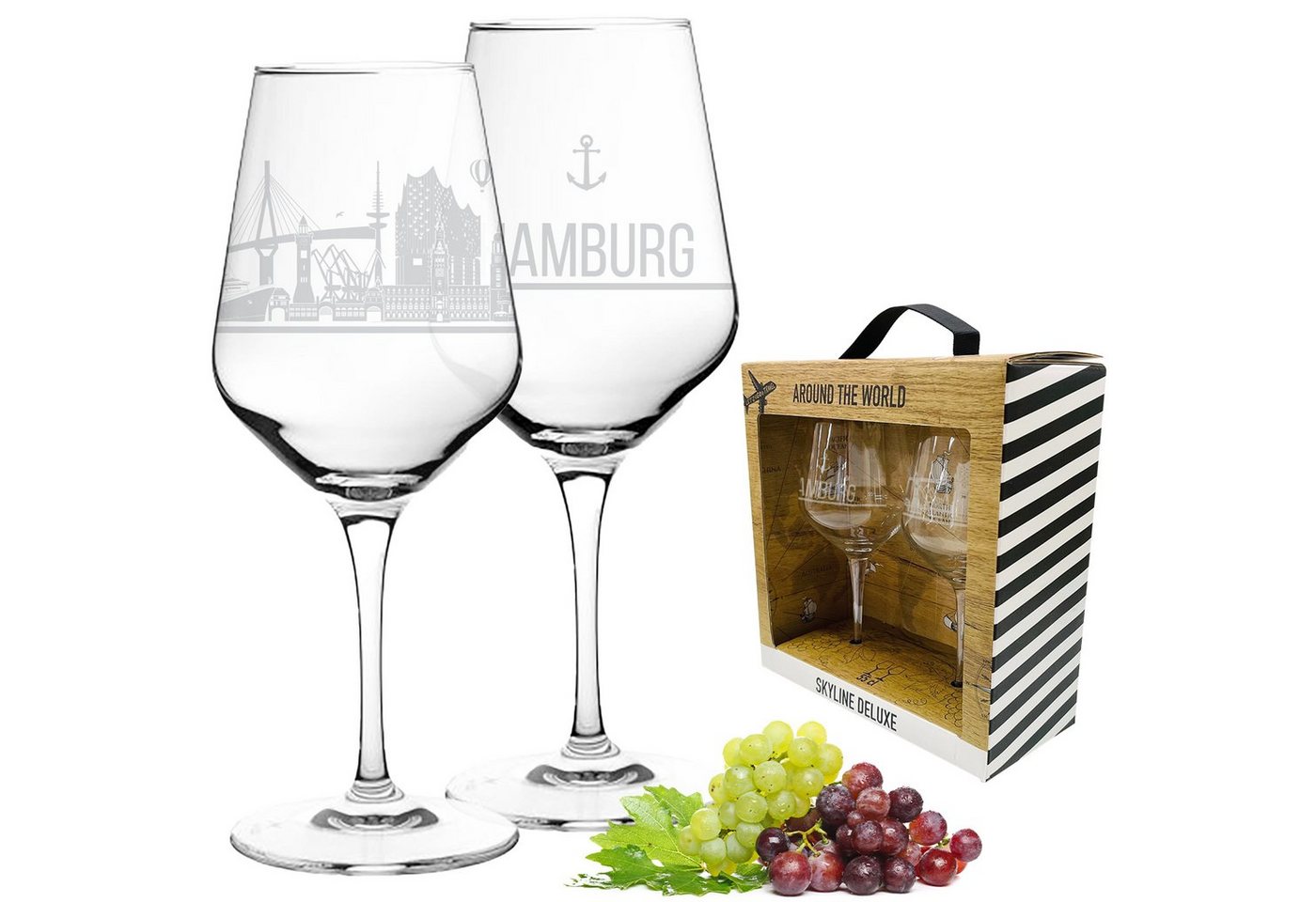 3forCologne Weinglas I LOVE Hamburg Weingläser, 2er Set mit Motiv der Hamburg Skyline, Hochwertiges Kristallglas, inkl. Geschenkverpackung von 3forCologne