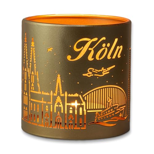 3forCologne Windlicht Laterne Kölner Dom | Metall Windlichter gold | Schöner Deko-Kerzenhalter für Stumpenkerzen und Teelichter für drinnen oder draußen. von 3forCologne