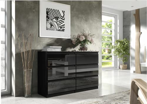3xEliving Elegante und geräumige Kommode Demii 6 Schubladen 140cm, perfekt für Wohnzimmer, Büro, Schlafzimmer Farbe schwarz/glänzend schwarz von 3xEliving