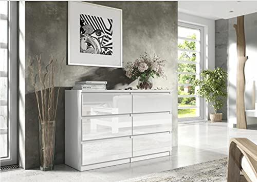 3xeliving Elegante und geräumige Kommode mit 6 Schubladen, 140 cm, Weiß glänzend, perfekt für Wohnzimmer, Büro, Schlafzimmer von 3xeliving
