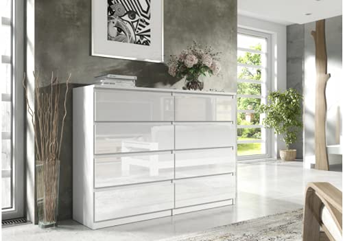 3xEliving Kommode Sideboard DEMII mit 8 Schubladen in Weiß/Weiß in Hochglanz 120cm von 3E 3xEliving.com