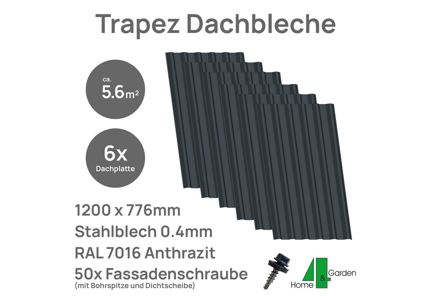 4 Home&Garden Trapezblech 6xDachblech 1200x776mm + Schrauben Anthrazit 5,6m² Set (B-Ware) von 4 Home&Garden