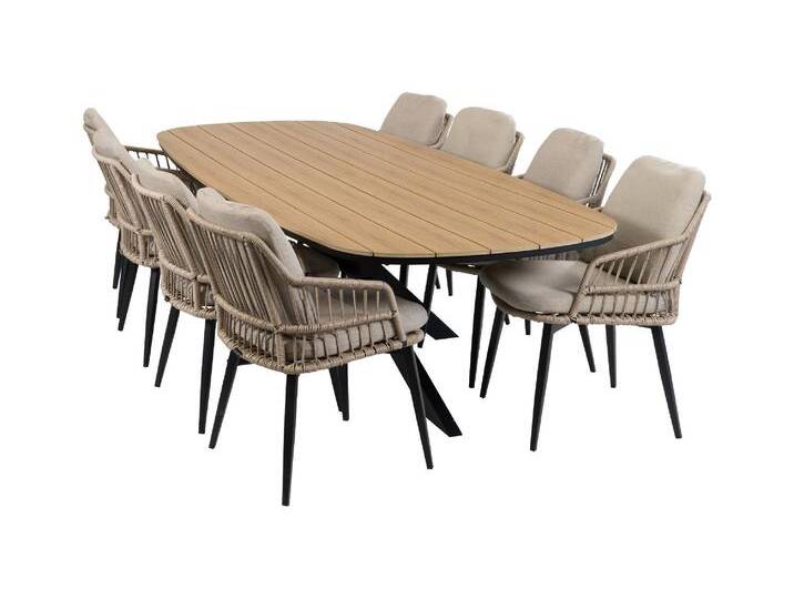9-teiliges Garten-Set 8 Isabel Gartenstühle Gartentisch Cadiz 280 x 115 cm Sand & Schwarz von 4 Jahreszeiten Gartenmöbel