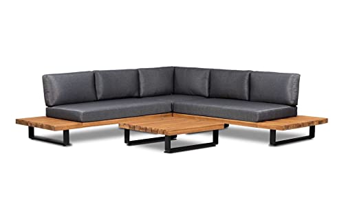 4 jahreszeiten gartenmobel Ecklounge-Set, Gartenbank, Loungegarnitur, Gartensofa, Gartengarnitur, Garten-Garnitur Barstano | Grau | Akazienholz und Aluminium - Kissen dunkelgrau von 4 jahreszeiten gartenmobel