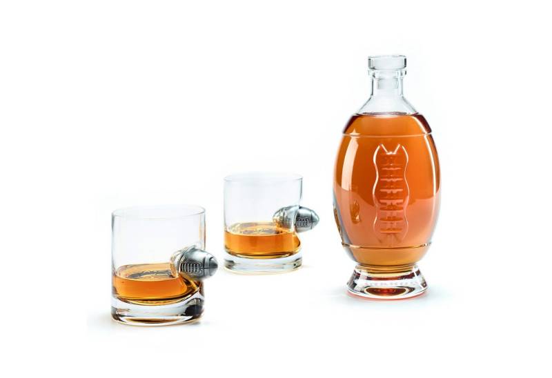 40YARDS Gläser-Set American Football Whisky Set: 2x Whisky Gläser + Dekanter, Glas, Whisky Gläser mit Metall Football + Dekanter in Football Form von 40YARDS