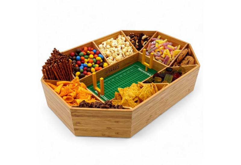 40YARDS Servierschale American Football Snack Stadium aus Bambus Holz + Filz-Spielfeld, Bambus Holz, (12-tlg), Filz-Spielfeld mit Markierungen & 2x Field Goals, Größe: 50 x 36 cm von 40YARDS