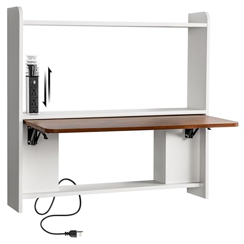 42STORE Moderner schwebender Schreibtisch mit elektrischer Steckdose & USB-Typ-A/C-Anschlüssen, platzsparender Mehrzweck-Schreibtisch und Regalen, schlanker, faltbarer Wandtisch-Design für Heimbüro von 42STORE