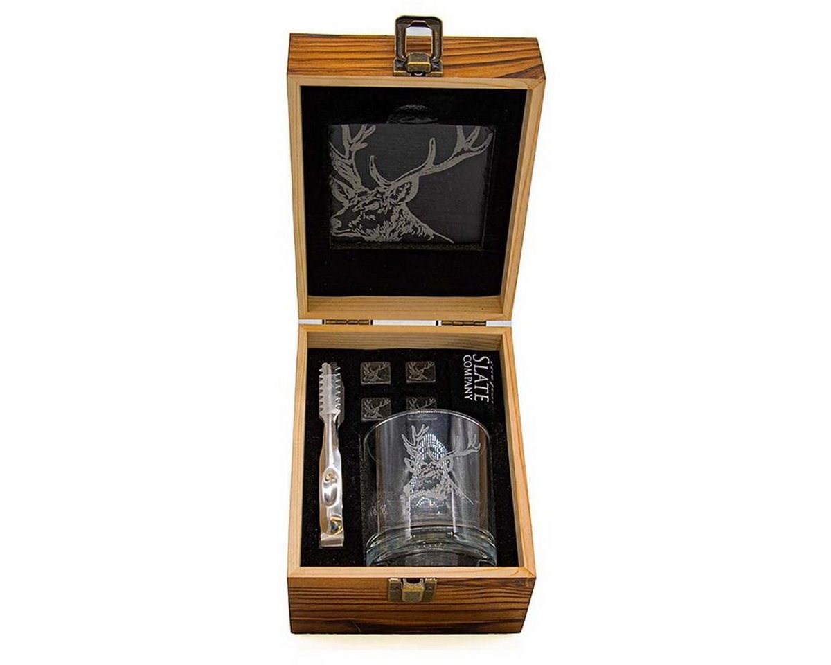 440s Whiskyglas Selbrae House 7-tlg Whisky Drink-Set, Motiv: Hirsch in Echt-Holz, Schiefer/Glas/Metall/Stein/Holz von 440s