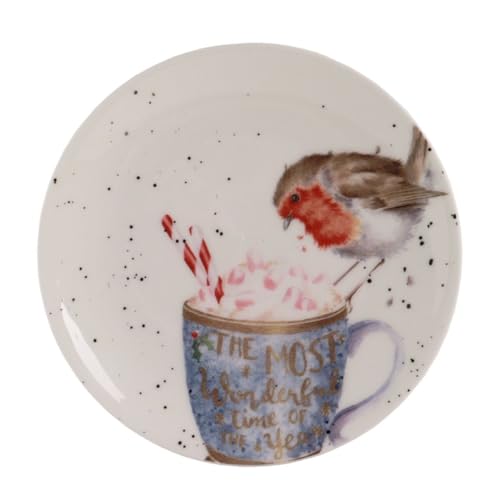 440s Wrendale Designs Porzellan Dessert-Teller Rotkehlchen ca. 16,5cm D für Kekse & Plätzchen mit Robin-Motiv von der britischen Künstlerin Hannah Dale zum Essen servieren und als Weihnachts-Geschenk von 440s