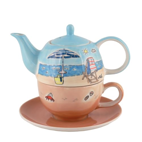 Mila Keramik Tee Set Dolce Vita Kanne ca. 400 ml Tasse mit Untere ca. 250 ml Strand-Motiv für die Pause & Genuss-Zeit als Geschenk und das eigene Urlaubs- & GlücksGefühl von 440s
