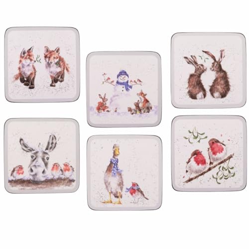 Wrendale Designs 6-teiliges Glas-Untersetzer-Set X-Mas Tiere Hase Ente Rotkehlchen Schneemann Fuchs Esel Korkrückseite Weihnachts-Deko schmutz- und Abriebfest abwischbar dekorative Motive Hannah Dale von 440s