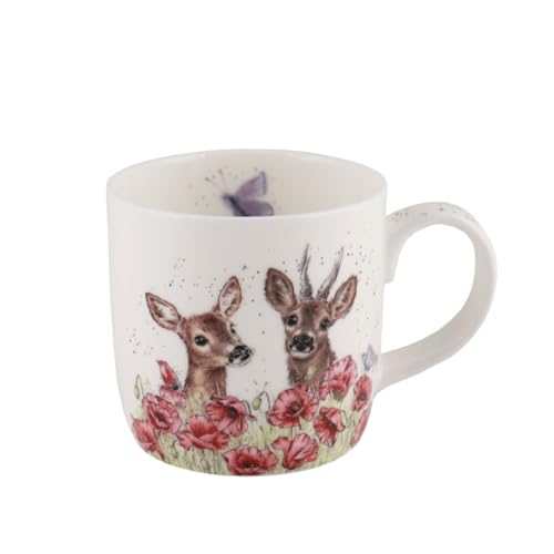 Wrendale Designs Porzellan-Becher Reh & Rehbock im Mohnfeld ca. 310ml spülmaschinengeeignete Heiß-Getränk Tasse mit Motiven von der britischen Künstlerin Hannah Dale für Kaffee und Tee & als Geschenk von 440s
