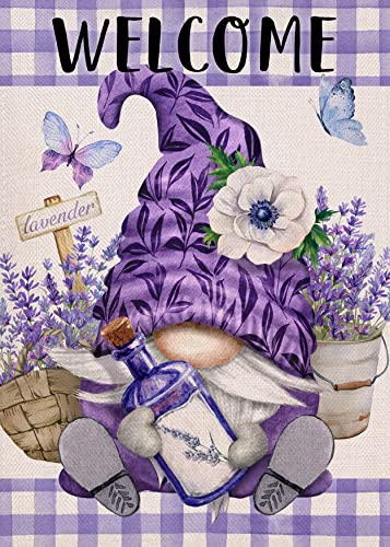 Gartenfahne Doppelseitige Parteifahne Verblassen Beständig Garten Flagge Décor Welcome Spring Gnome Lavendel Anemone Flower, Purple Buffalo Plaid Check Butterfly Flower, Sommer von 452