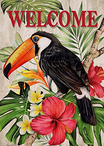 Gartenfahne Perfekte Parteifahne Wind Und Regenfeste Outdoor Flagge Décor Willkommen Frühling Toucan Black Bird, Summer Lawn Hibiscus Red Flower Palm Leaves, Hawaii Tropical Frangipani von 452