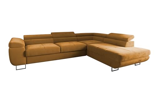 4ALL HOME Ecksofa Luna mit Schlaffunktion und Bettkasten – 275x202 cm – verstellbare Kopfstützen – Liegefläche 193x125 cm – Couch – Schlafsofa – L-Sofa mit Stauraum (Monolith 48 Gold, Seite: Rechts) von 4ALL HOME