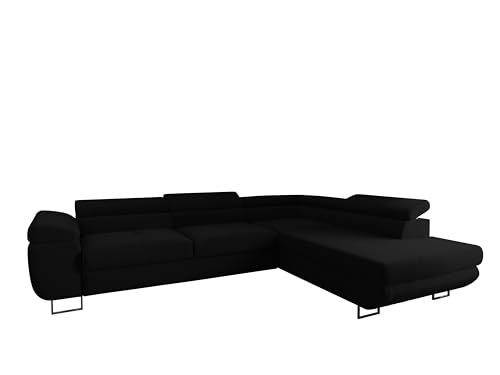 4ALL HOME Ecksofa Luna mit Schlaffunktion und Bettkasten – 275x202 cm – verstellbare Kopfstützen – Liegefläche 193x125 cm – Couch – Schlafsofa – L-Sofa mit Stauraum (Poso 135 Schwarz, Seite: Rechts) von 4ALL HOME