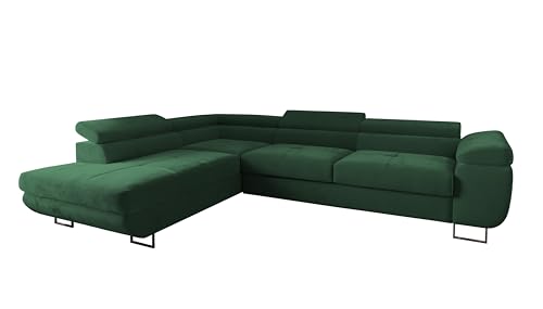 Ecksofa Luna mit Schlaffunktion und Bettkasten – 275x202 cm – verstellbare Kopfstützen – Liegefläche 193x125 cm – Couch – Schlafsofa – L-Sofa mit Stauraum (Monolith 37 Flaschengrün, Seite: Links) von 4ALL HOME