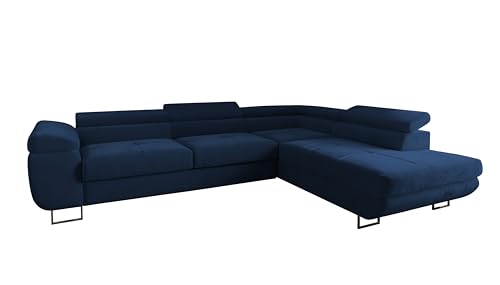 Ecksofa Luna mit Schlaffunktion und Bettkasten – 275x202 cm – verstellbare Kopfstützen – Liegefläche 193x125 cm – Couch – Schlafsofa – L-Sofa mit Stauraum (Monolith 77 Marineblau, Seite: Rechts) von 4ALL HOME