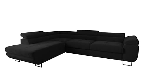 Ecksofa Luna mit Schlaffunktion und Bettkasten – 275x202 cm – verstellbare Kopfstützen – Liegefläche 193x125 cm – Couch – Schlafsofa – L-Sofa mit Stauraum (Monolith 95 Schwarz, Seite: Links) von 4ALL HOME