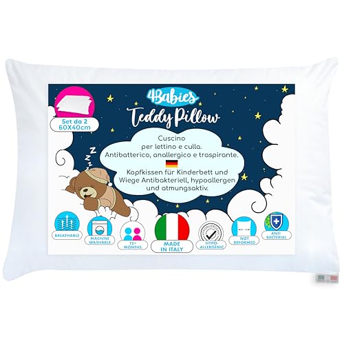 4BABIES - 2er-Set kinderkopfkissen 40x60, Baby Kissen ab 1 Jahr Atmungsaktiv, Antiallergisch mit Futter 100% italienische Baumwolle, Hypoallergen, Milbendicht von 4BABIES