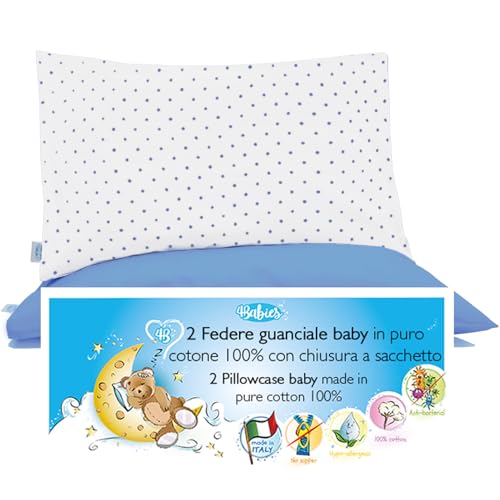 4BABIES-Kissenbezüg 40x60 Kinder - 2er Set Kopfkissenbezug mit Beutelverschluss 100% Reiner Baumwolle -Made in Italy- ÖEKO-TEX Zertifiziert - Blaue Tupfen von 4BABIES