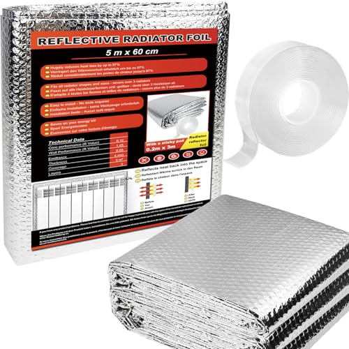 5 m x 60 cm Heizkörper Reflexionsfolie, 3 mm Dicke Isolierfolie Heizung, Isolierung Hinter Heizkörper, Reflexionsfolie Heizung mit Klebepads, Doppelte Alu-Luftpolsterfolie Dachisolierung Thermo von 4BAOHUI